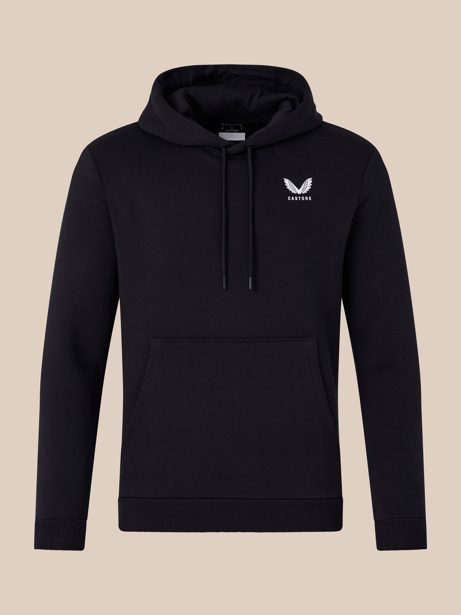 Front view of black men's lifestyle hoodie with white wing logo on the left chest and drawstring hood