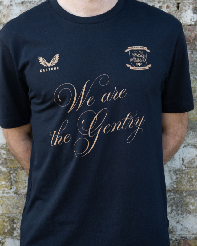 Navy Preston North End Gentry Day T shirt front with bronze We are the Gentry script and small Castore and club logos