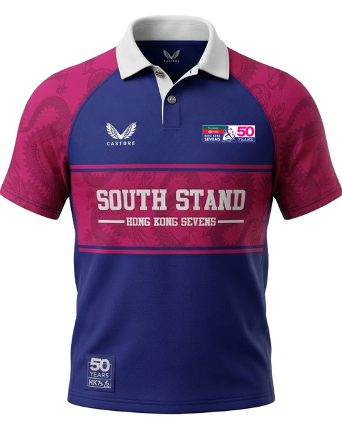 Blue and pink sports jersey with 'South Stand Hong Kong Sevens' text on a white background