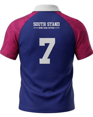 Blue and pink sports jersey with 'South Stand' and number '7' on a white background
