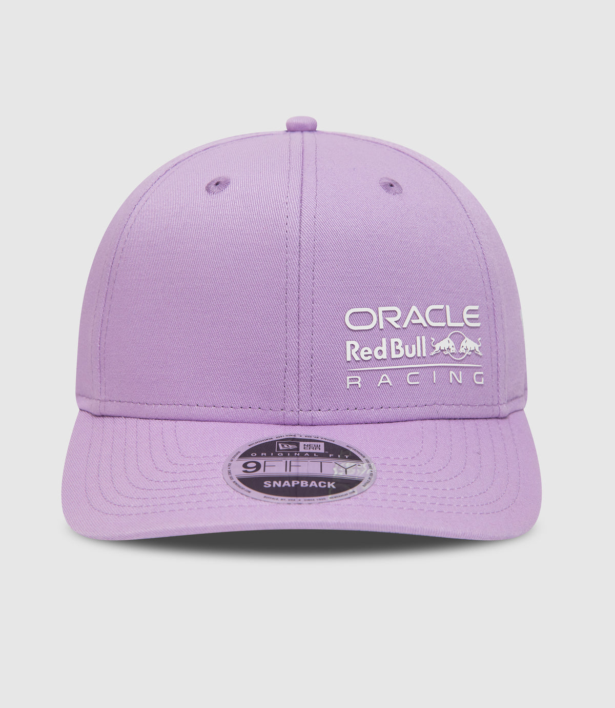 Close up of lilac Oracle Red Bull Racing 9FIFTY cap crown with top button and eyelets