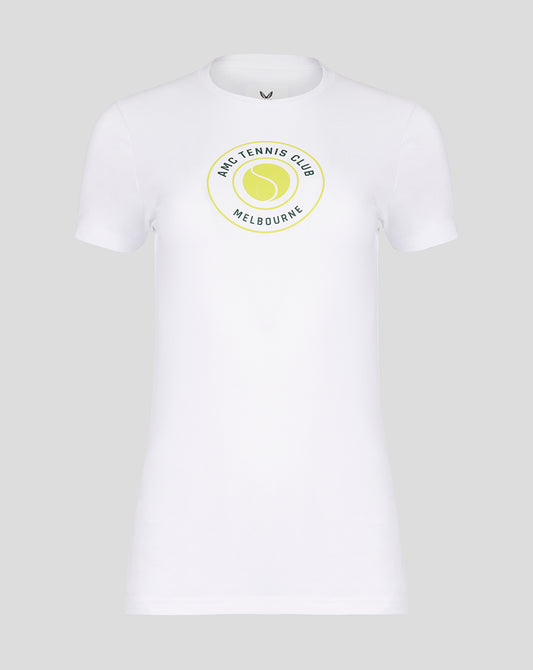 Womens white AMC tennis ball graphic t-shirt