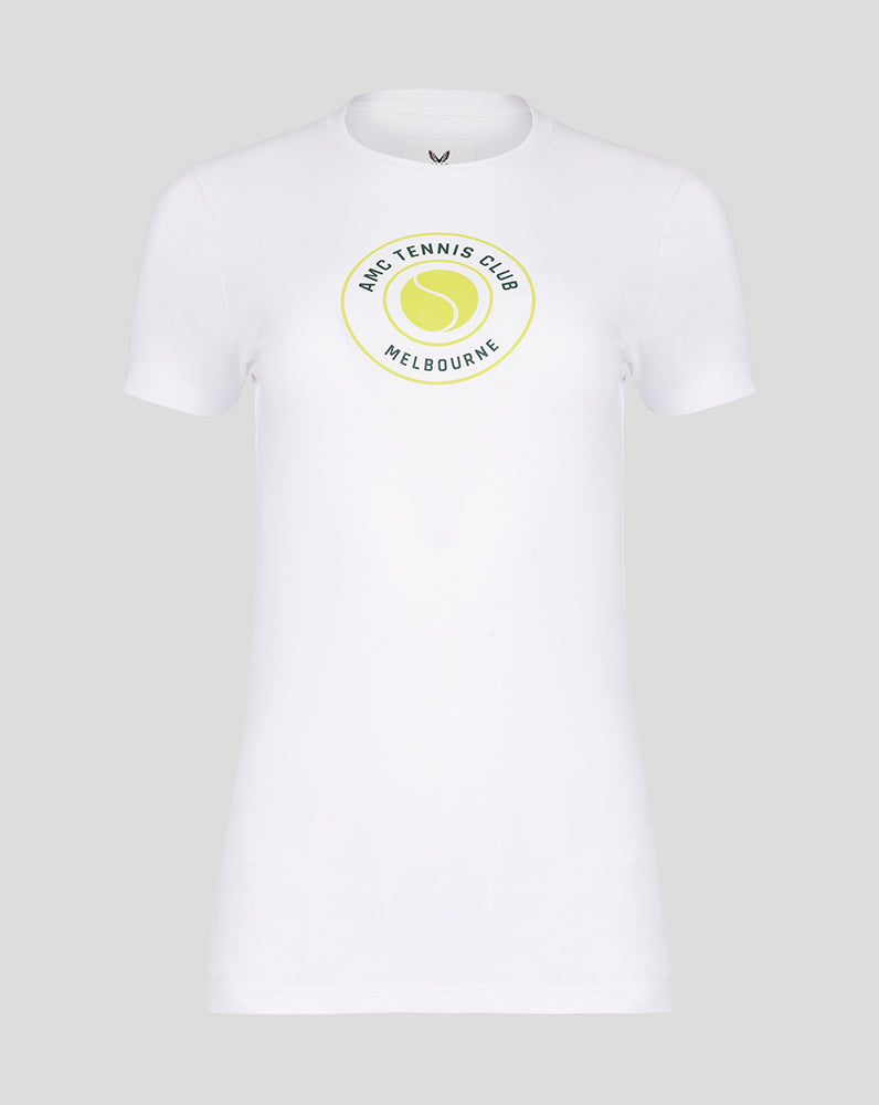 Womens white AMC tennis ball graphic t-shirt