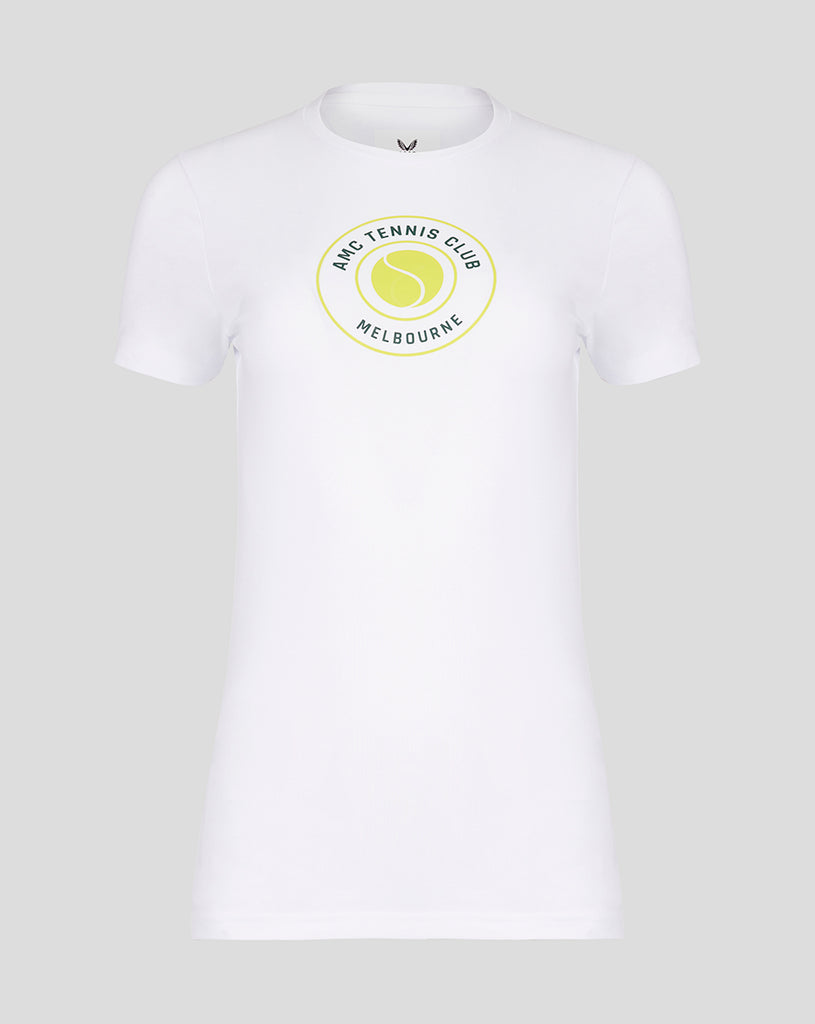 Womens white AMC tennis ball graphic t-shirt