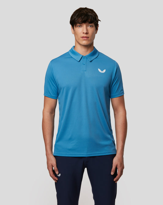 Man in Azure blue Tota Golf Performance Short Sleeve Polo shirt