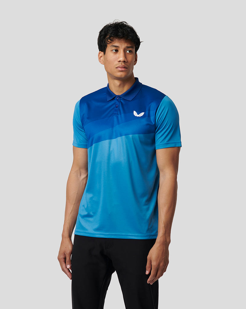 Man in Azure blue Golf Polo Shirt
