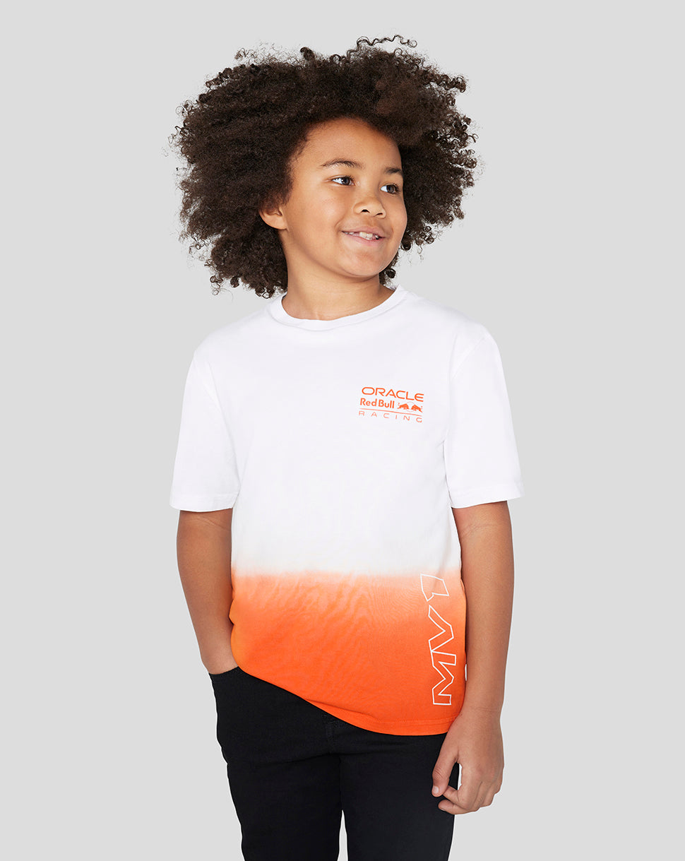 Child wearing a white to exotic orange dip-dye Oracle Red Bull Racing Junior Driver T-shirt with chest logo