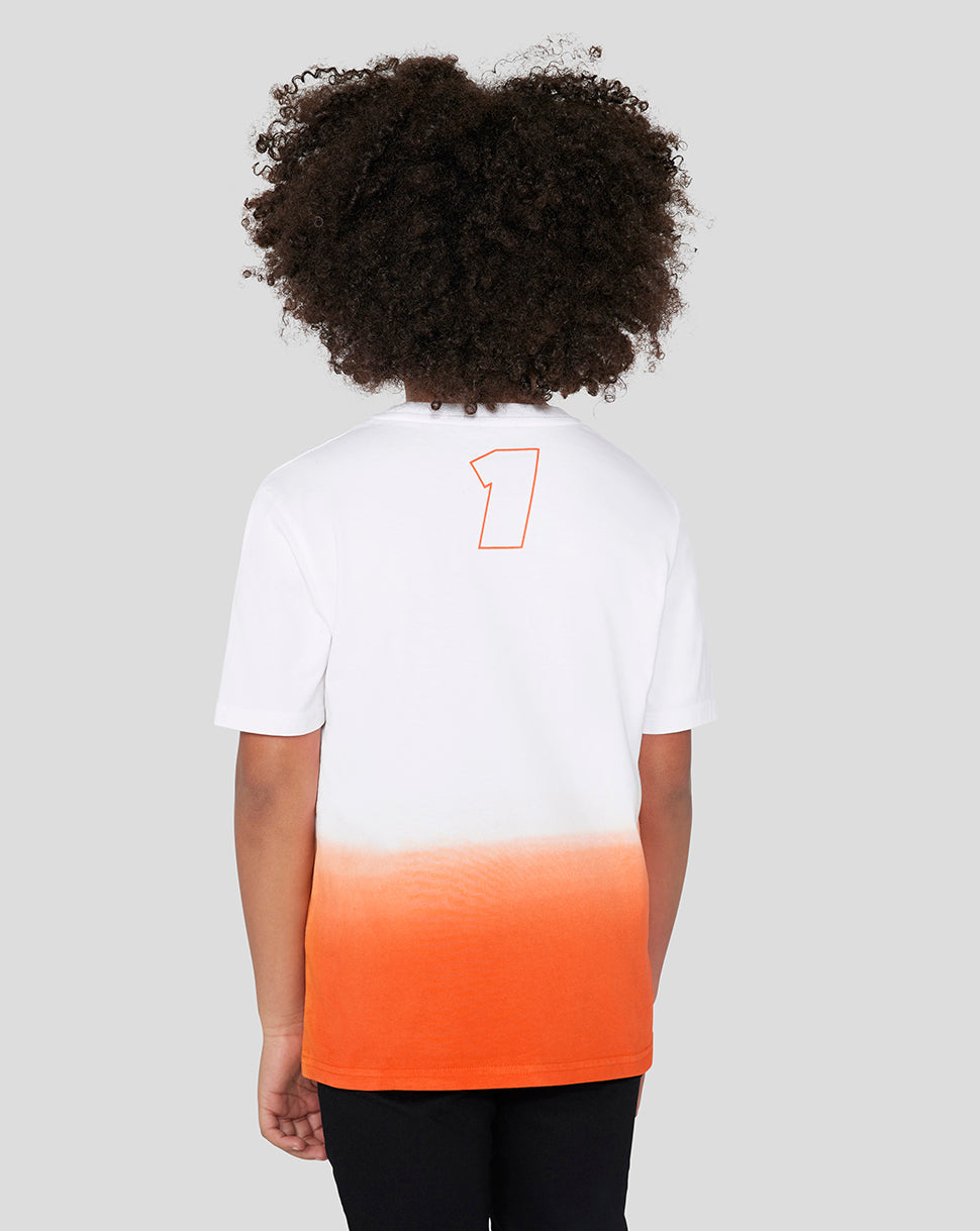 Back view of a white to exotic orange dip-dye T-shirt with a large orange number 1 on the back