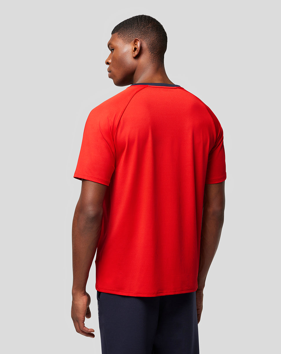 Back view of flame scarlet Oracle Red Bull Racing men's lifestyle T-shirt with navy collar trim