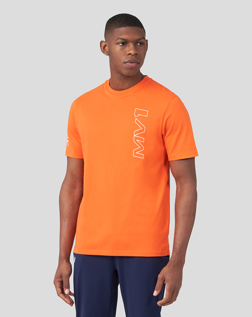 Male model wearing Exotic Orange Oracle Red Bull Racing Max Verstappen T shirt with chest logo