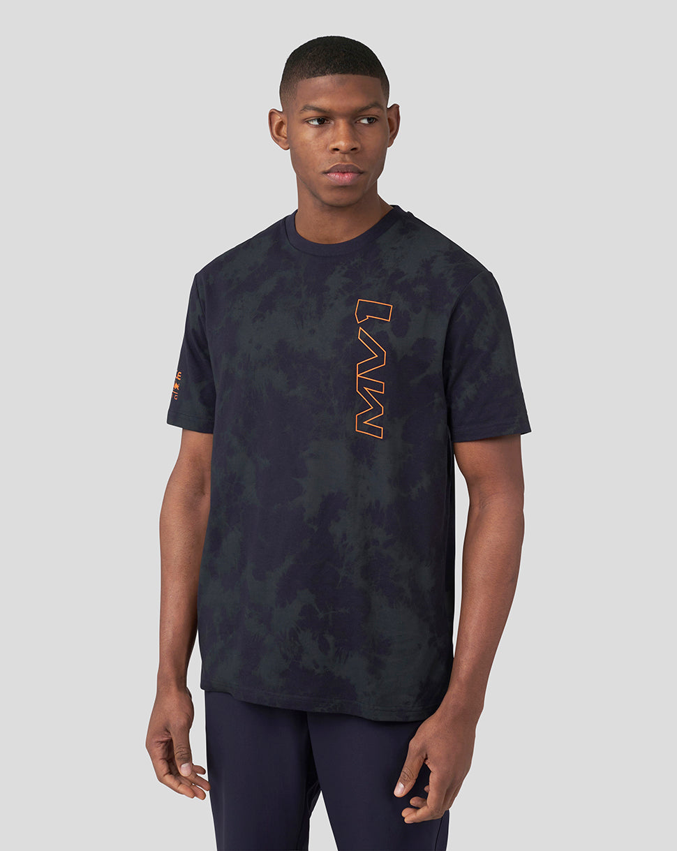 Black tie-dye T-shirt with an orange MV11 logo running vertically on the chest